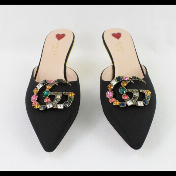 Gucci NIB Black Fabric Unia Crystal Logo Vamp Bamboo Heel Mules Shoes Sz 39 US 9 - Picture 2 of 7
